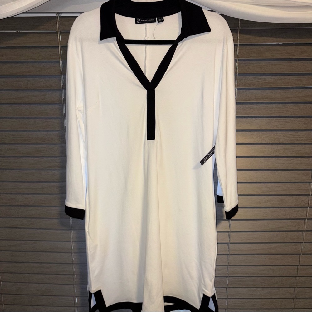 New York & Company Polo Dress- White w/ Black Trim- Size L- NWT